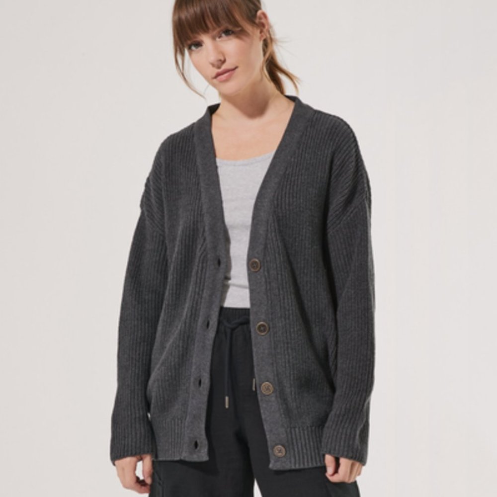 Pact Grey Fisherman Knit Button-Front Cardigan Organic Cotton Oversized, Sz L
